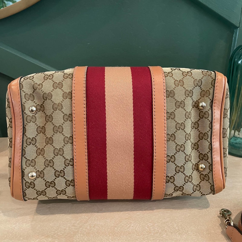 Gucci Boston GG Supreme Canvas Tan Red Crossbody - Picture 7 of 16